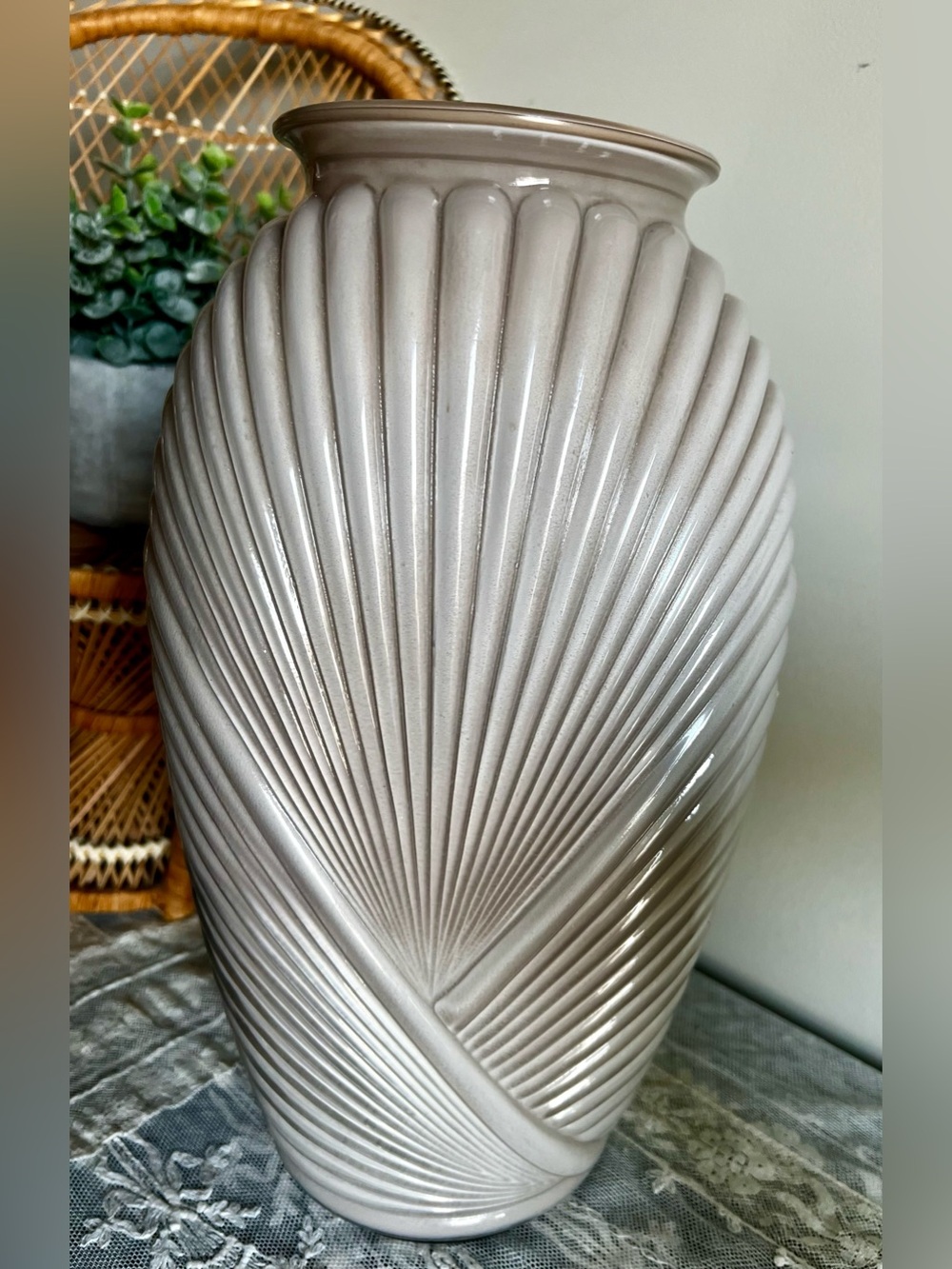 Vintage Anchor-Hocking Art Deco Revival Ribbed Draped Vase in Light Taupe